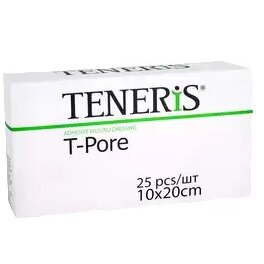 Лейкопластырь Teneris (Тенерис) t-pore стерильный фиксирующий нетканый с впитывающей подушечкой из вискозы 20х10см 25 шт.