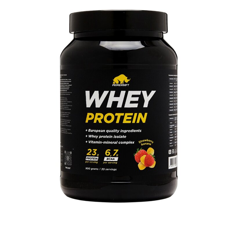 Протеин сывороточный Prime Kraft Whey Protein с витаминами и минералами клубника/банан 900 г