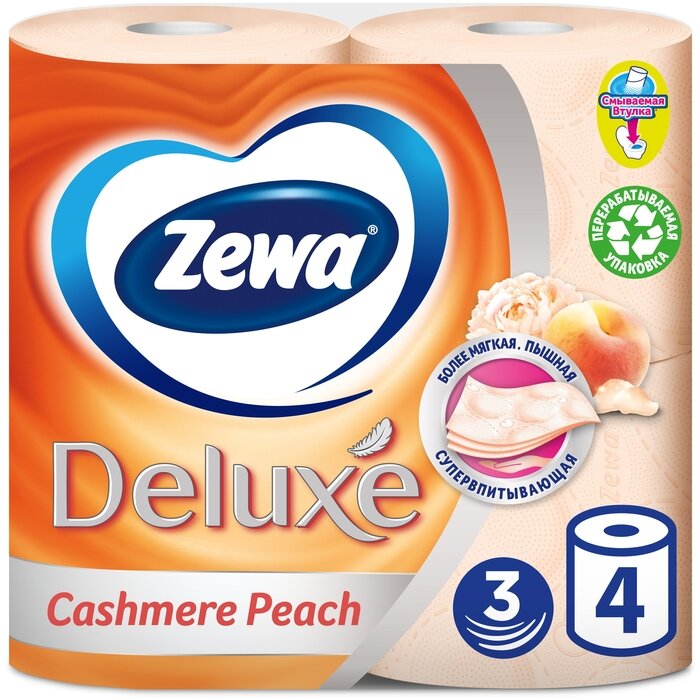 Туалетная бумага Zewa Deluxe трехслойная Персик 4 шт.