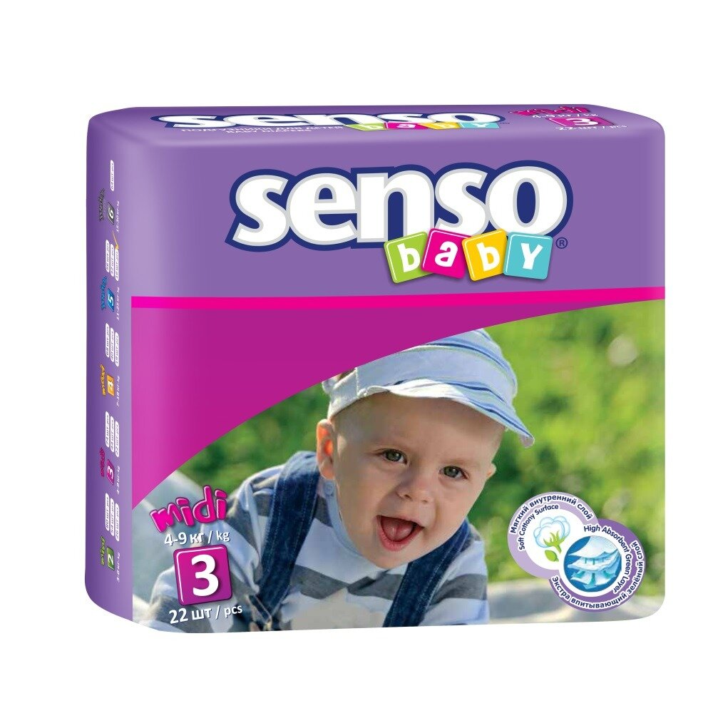 Подгузники для детей с кремом-бальзамом Midi Baby Senso/Сенсо 4-9 кг 22 шт. р.3