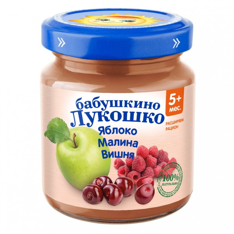Пюре Бабушкино лукошко Яблоко/малина/вишня с 5 мес. 100 г