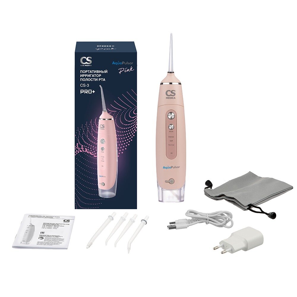 Ирригатор для полости рта портативный CS Medica AquaPulsar CS-3 PRO+ розовый 5 насадок