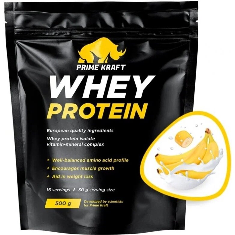 Протеин сывороточный PrimeKraft Whey изолят и концентрат с витаминами банановый йогурт 500 г