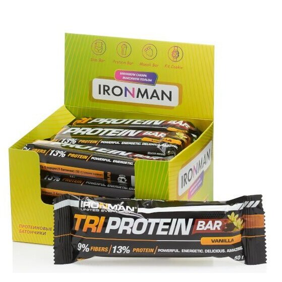 Батончик протеиновый ваниль в темной глазури TRI Protein Bar Ironman 50 г 12 шт.