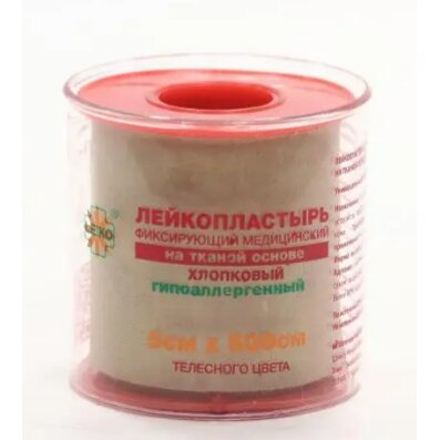 Лейкопластырь гипоаллергенный Leiko на тканевой основе в катушке/пластик пенале телесный 5х500 см