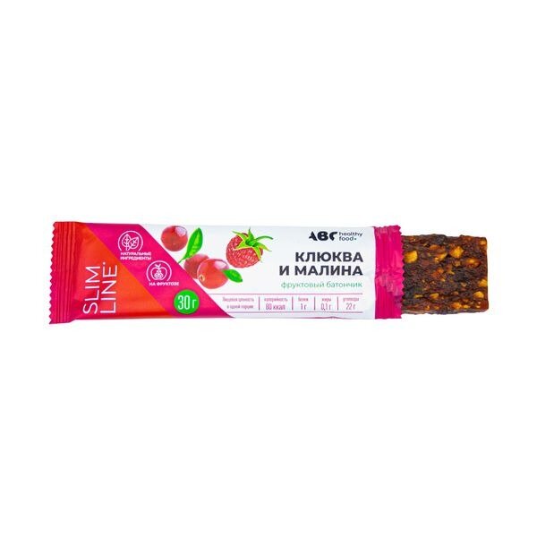 Батончик ABC Healthy Food фруктовый с клюквой и малиной неглазированный на фруктозе 30 г