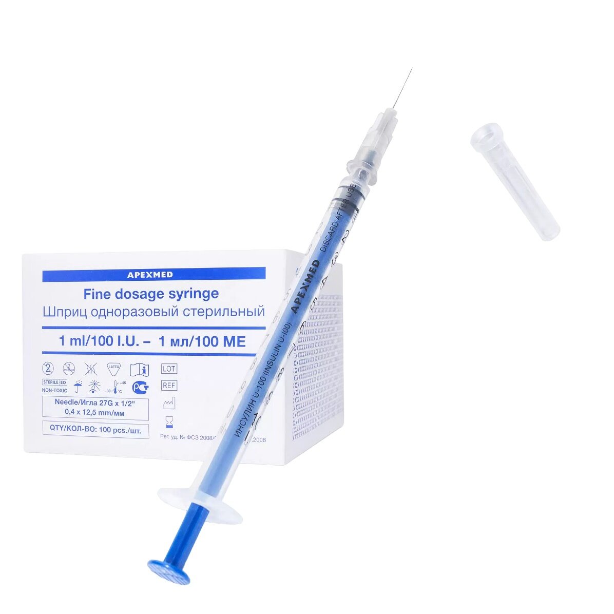 Apexmed шприц 3-х компонентный туберкулиновый 1мл с иглой 0,4х12,5 100 шт.