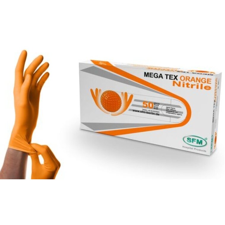 Перчатки нитриловые неопудренные текстур. н/стер. оранжевые Nitrile Mega Tex SFM р.XL 50 шт.