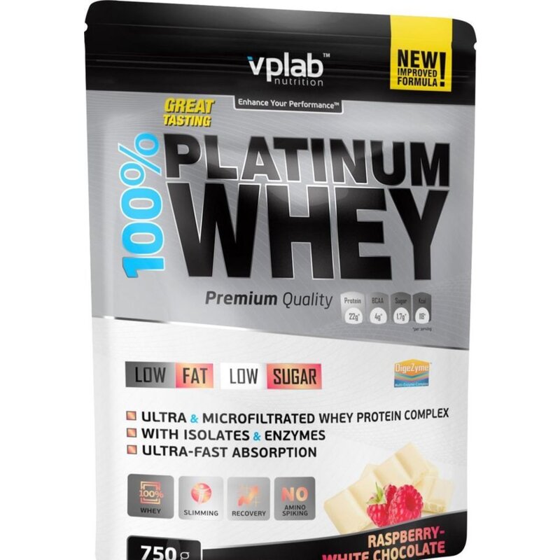 Vplab 100 % порошок Platinum Whey протеин малина, белый шоколад пакет 750 г