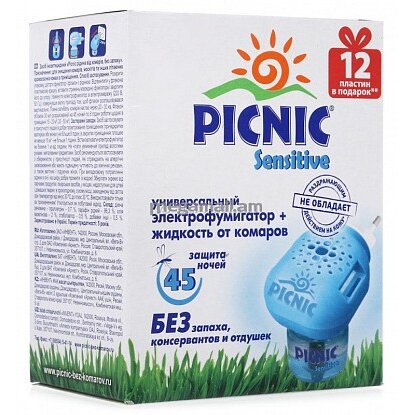 Электрофумигатор от комаров Picnic Sensitive+ жидкость от комаров 45 ночей 12 пластин в подарок