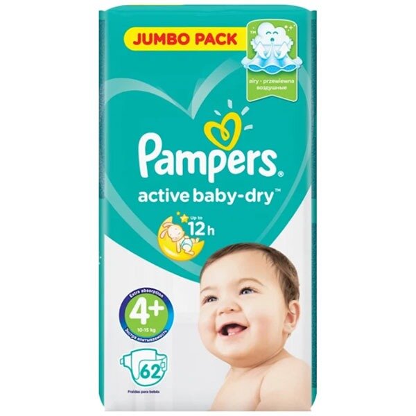 Подгузники Pampers Active Baby Dry размер 4+ 9-16 кг 62 шт.