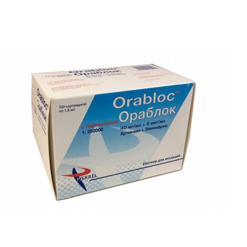Ораблок раствор для инъекций 40 мг/мл+ 5 мкг/мл 1,8 мл (1:200000) картриджи 100 шт.