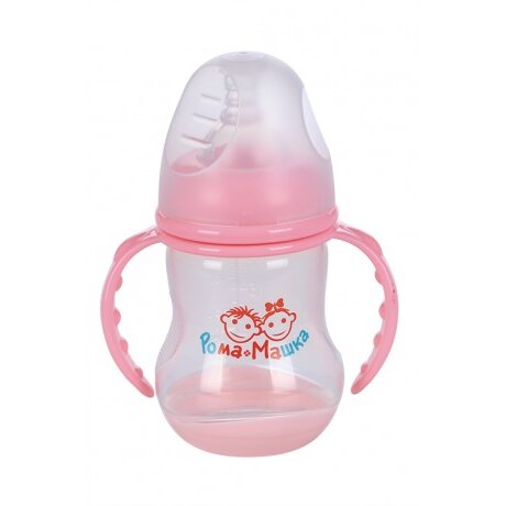 Бутылочка Рома+Машка полипропил/ручки/дно-индикатор/соска силик/шир горл 180 мл розовая