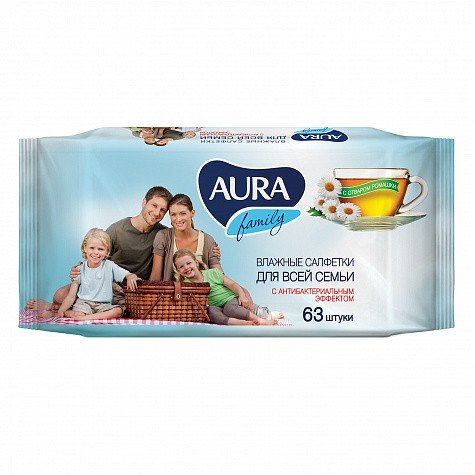 Салфетки влажные Aura Family с антибактериальным эффектом с ромашкой 63 шт.