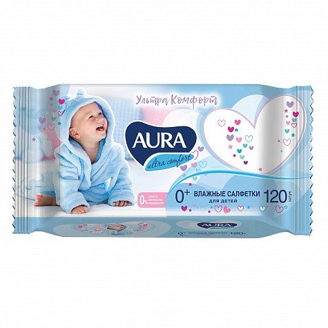 Салфетки влажные Aura Ultra Comfort для детей с экстрактом алоэ и витамином Е 120 шт.