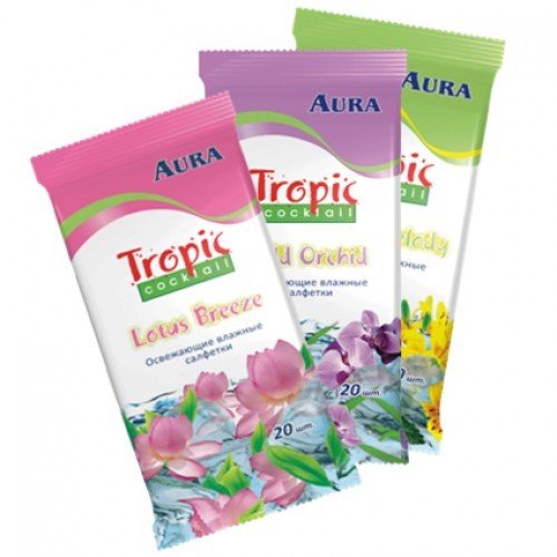 Влажные салфетки Aura Освежающие Тропический коктейль 20 шт.