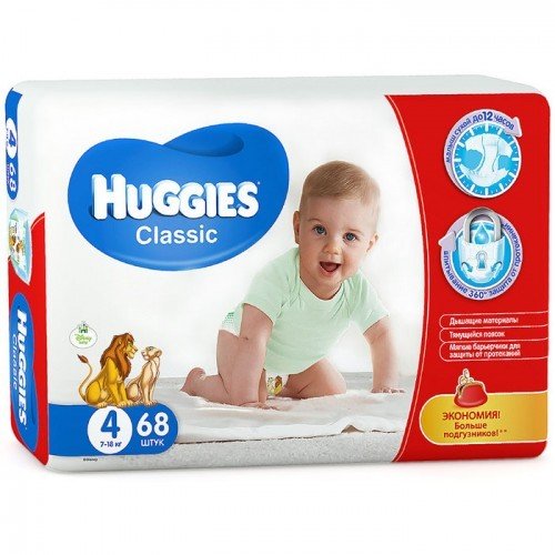 Подгузники Huggies Classic размер 4 7-18 кг 68 шт.