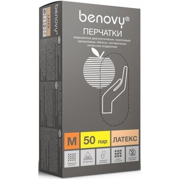 Benovy перчатки смотровые н/стер. латексные опудренные размер m 50 шт.