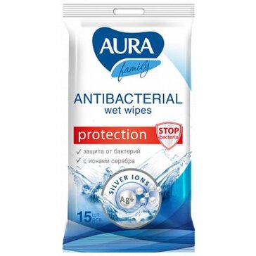 Aura family салфетки влажные с антибактериальным эффектом 15 шт.
