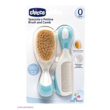 Chicco Baby Moments набор расческа и щетка для волос с натурал щетинками голубой +0мес 1 шт.