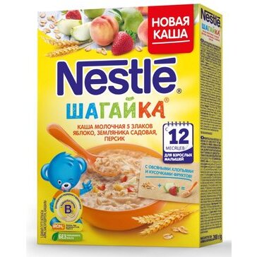 Каша молочная Nestle Шагайка 5 злаков яблоко, земляника садовая, малина, бифидобактерии с 12 мес. 200 г