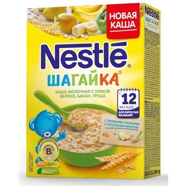 Каша молочная Нестле (Nestle) Шагайка 5 злаков яблоко, банан, груша, бифидобактерии с 12 мес. 200 г