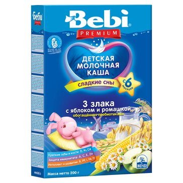Каша молочная с пребиотиками Bebi premium для сладких снов 3 злака яблоко/ромашка 200 г