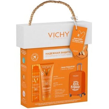 Набор Виши (Vichy) Capital Ideal Soleil: спрей-вуаль для лица SPF 50 75 мл + молочко для лица и тела SPF 50 100 мл