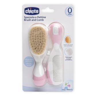 Chicco Baby Moments набор расческа и щетка для волос с натурал щетинками розовый +0мес 1 шт.