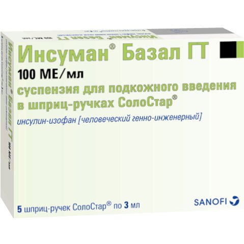 Инсуман базал гт суспензия для подкожного введения 100ме/мл 3мл шприц-ручки солостар 5 шт.