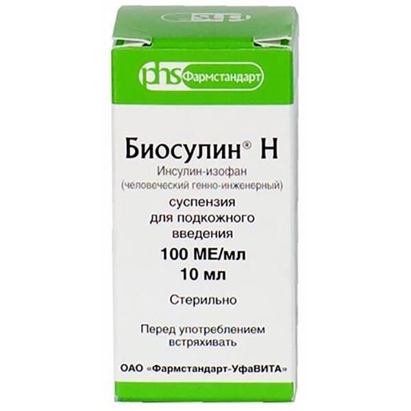 Биосулин Н суспензия для подкожного введения 100 МЕ/мл 10 мл флакон 1 шт.