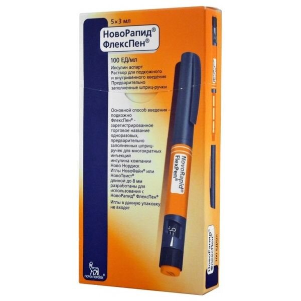 НовоРапид ФлексПен раствор для внутривенного и подкожного введения 100 ЕД/мл 3 мл шприц-ручка 5 шт.