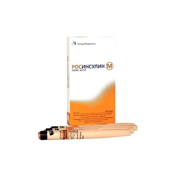 Росинсулин М микс 30/70 суспензия для подкожного введения 100 МЕ/мл 3 мл картриджи в шприц-ручках 5 шт.