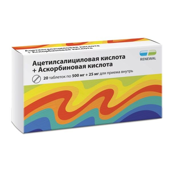 Ацетилсалициловая кислота+аскорбиновая кислота Реневал таблетки 500 мг+25 мг 20 шт.