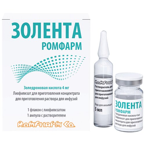 Золента Ромфарм лиофилизат для приг. концентрата для приг. раствора для инфузий 4 мг+Вода для инъекций 5 мл