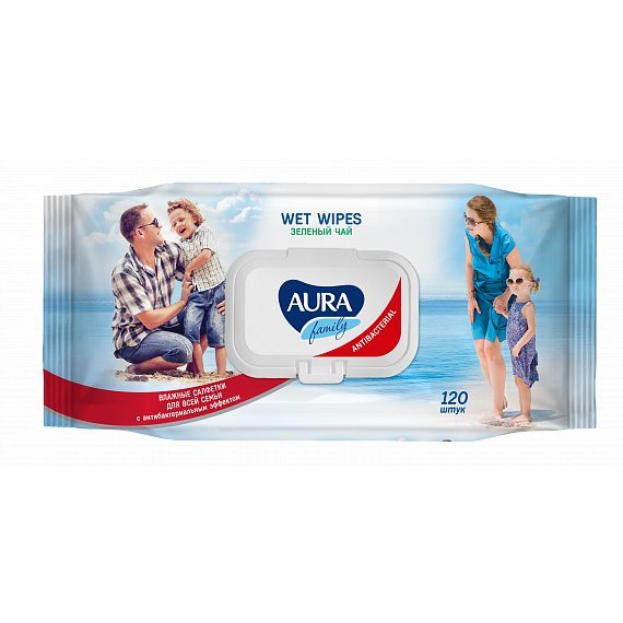 Салфетки влажные Aura для всей семьи антибактериальные 120 шт.