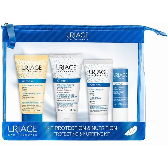 Набор Uriage Xemose: Крем липидовосстанавливающий 50 мл+Масло успокаивающее 50 мл+Крем для лица 40 мл+стик для губ