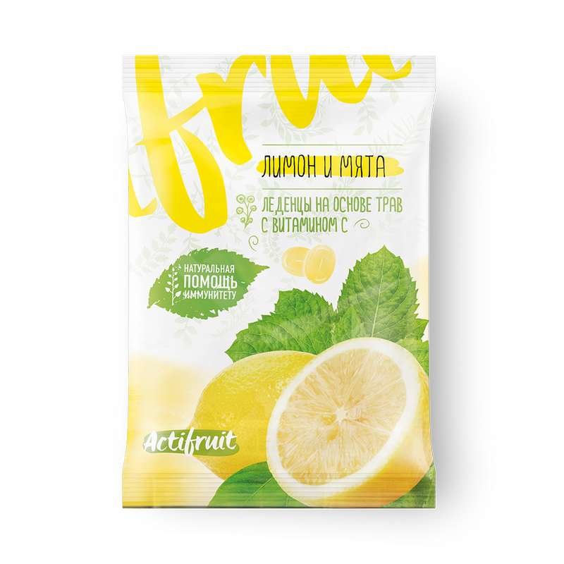Леденцовая карамель АКТИФРУТ с витамином С со вкусом лимона с мятой 60 г