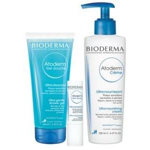 Набор Bioderma Atoderm: крем 200 мл с помпой, стик для губ 4, гель для душа 100 мл