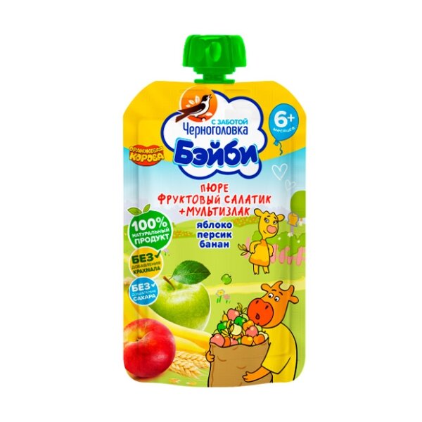 Пюре Черноголовка Бейби фруктовый салатик+мультизлак яблоко персик банан 110 г