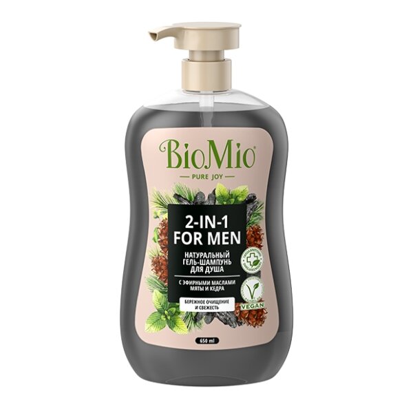 Biomio гель-шампунь мужской для душа натуральный 2в1 650мл с эфирными маслами мяты и кедра